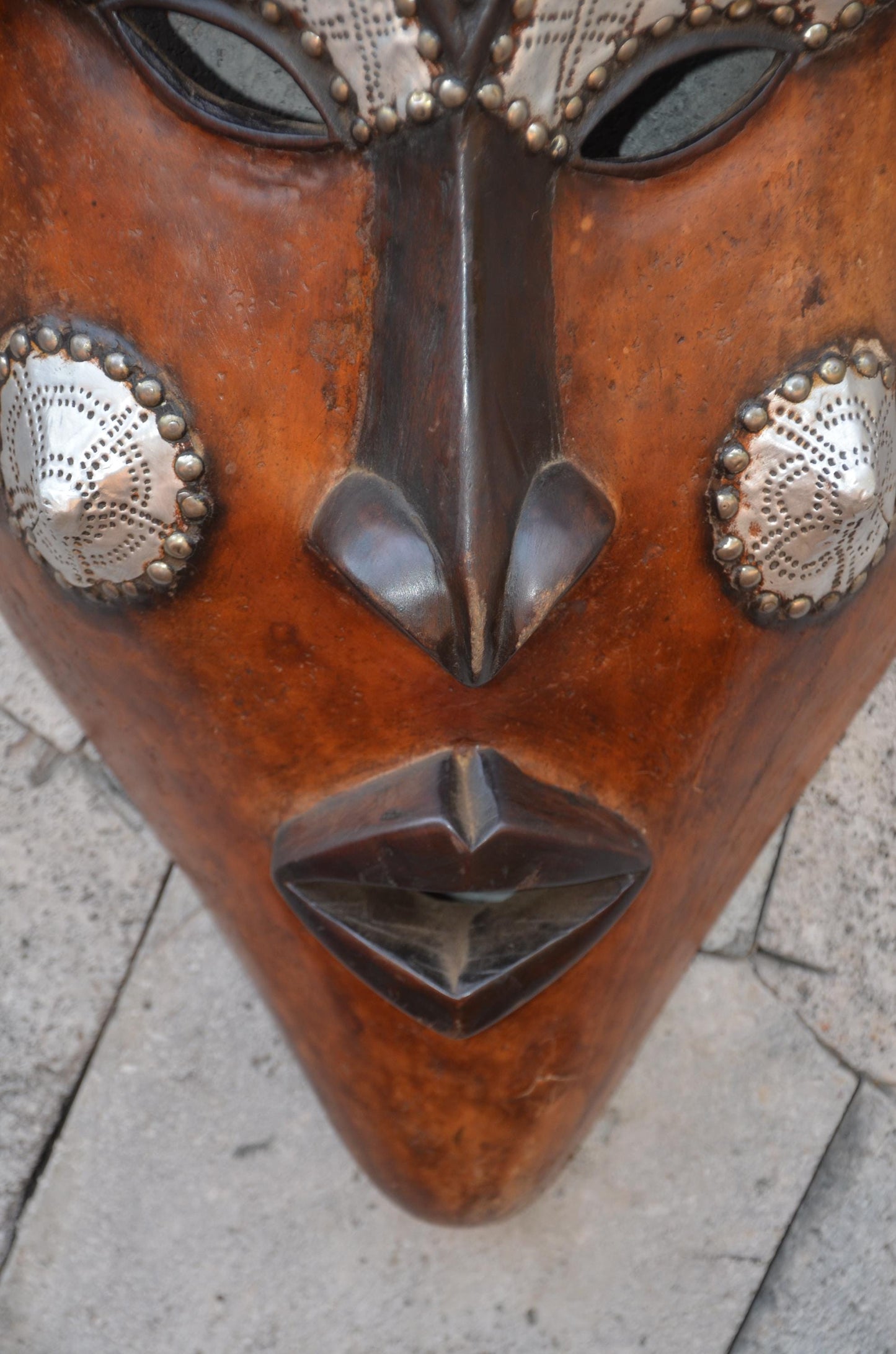 Marka African Mask – 35" Large Hand-Carved Wood & Brass Mask – Mali Wall Art.