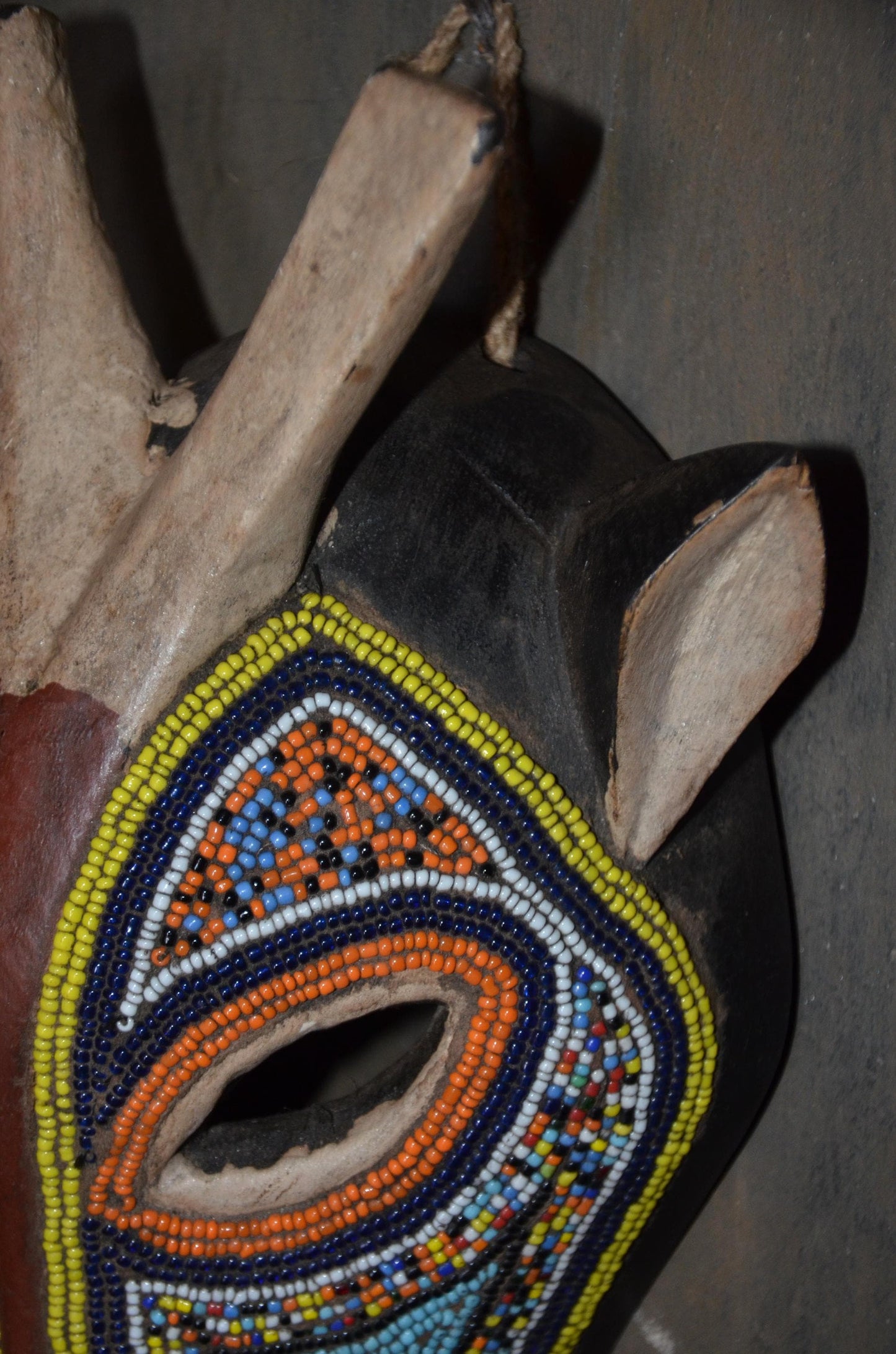 Beaded Antelope Mask – 11" Hand-Carved Wood Tribal Animal Mask – Wall Art.