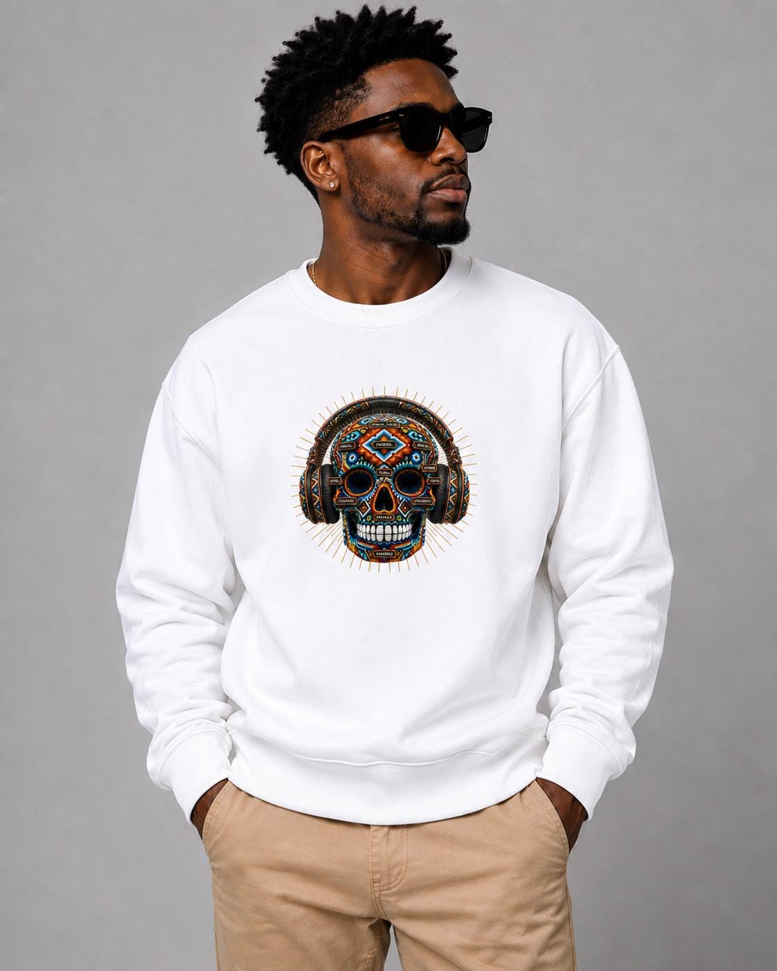 Beaded Skull Sweatshirt, African Inspired Geometric Skull Crewneck, Halloween Streetwear