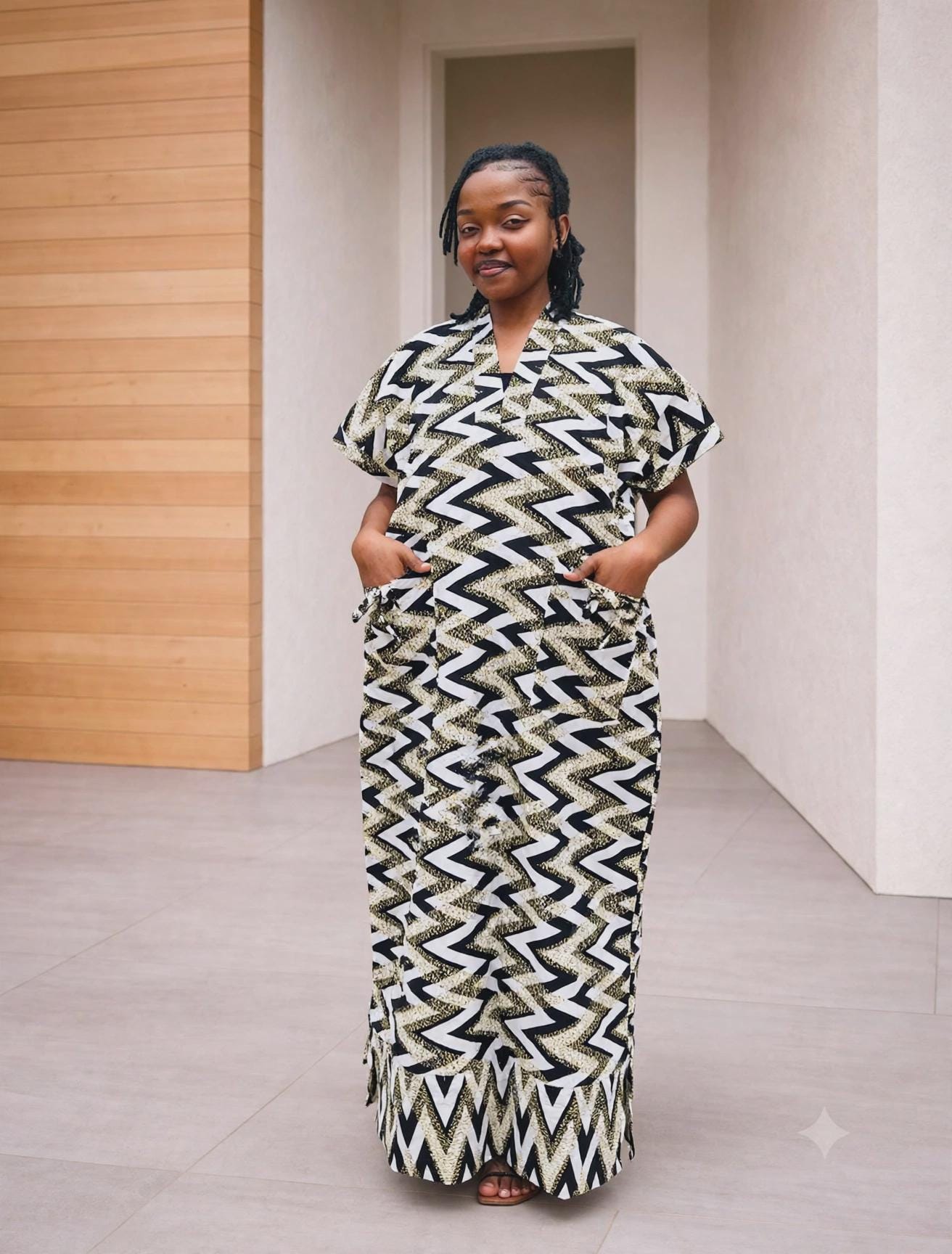 Zigzag Print Boubou Gown | Monochrome Ankara Maxi Dress, One-Size Kaftan