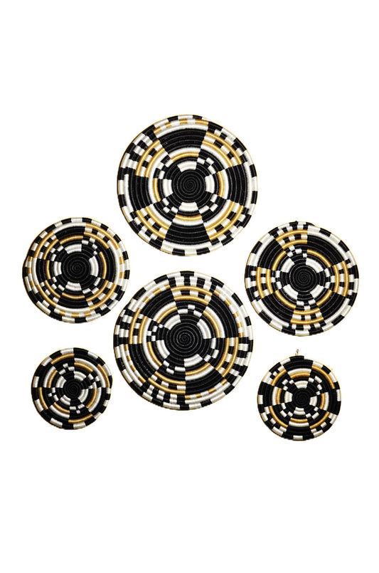 Set of 6 Handwoven Round Wall Baskets – Black, White & Gold Sisal Decor