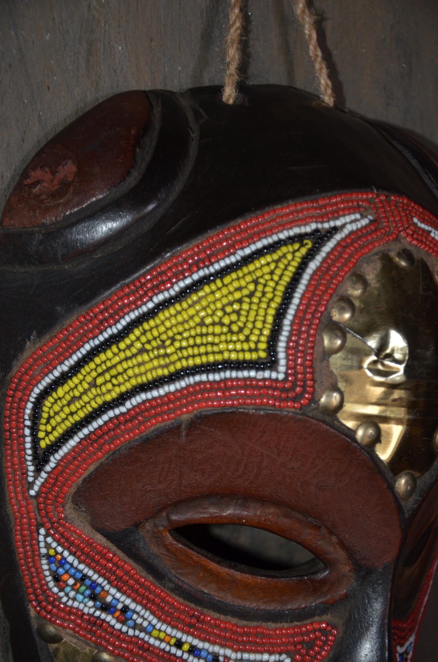 Marka Beaded Mask – 13" Hand-Carved Wood & Brass Mask – Mali Tribal Decor.