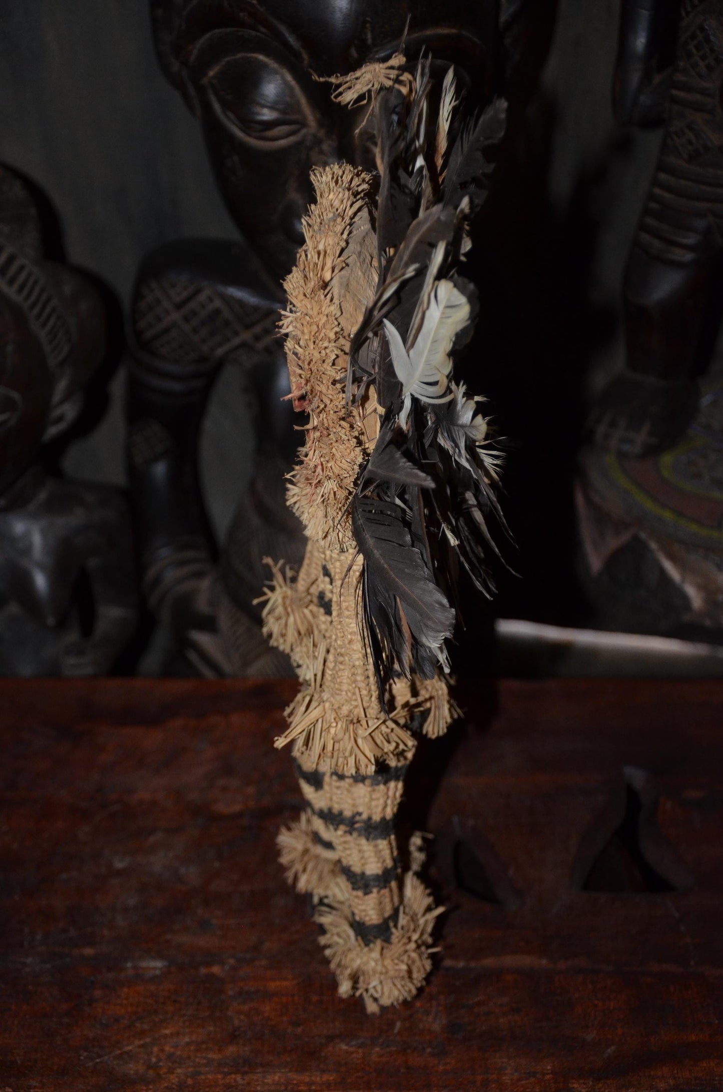 Pende Minganji Masquerade Dancer Doll - 17" Authentic Congo Woven Fiber Figure, Traditional Raffia & Feather Folk Art.