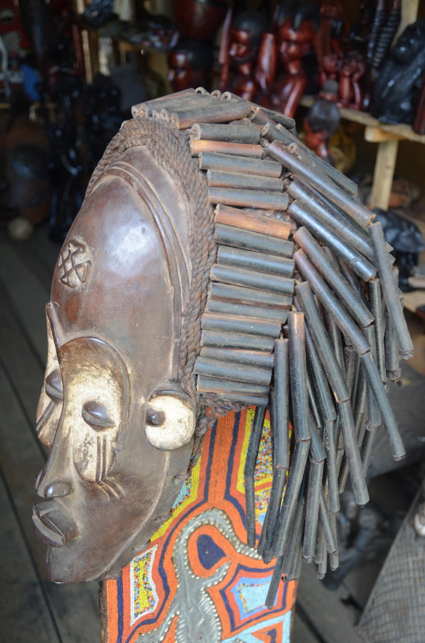 Authentic African Chokwe Mwana Pwo Mask - 21" Large Beaded Stand Display, Angola Tribal Face Mask, Elegant Wood Carving.