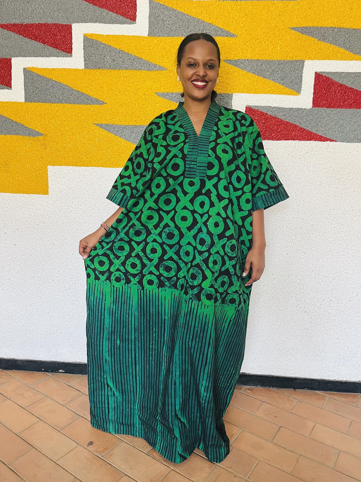 Green & Black Paneled Batik Boubou | Graphic Adire Silk Kaftan, Linear-Hem Maxi