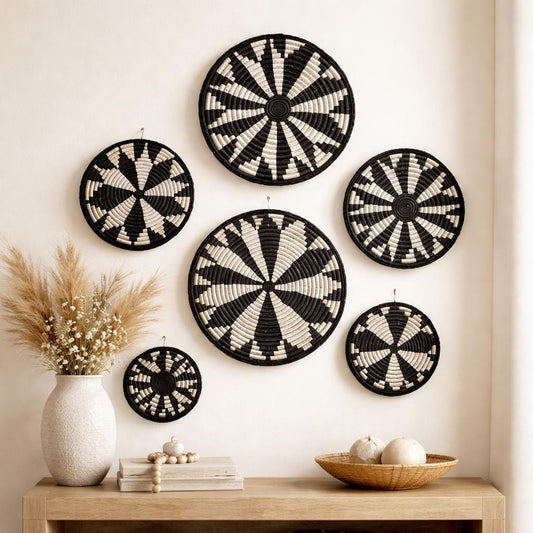 Set of 6 Handwoven Round Wall Baskets – Black & White Floral Sisal Decor (1 Set)