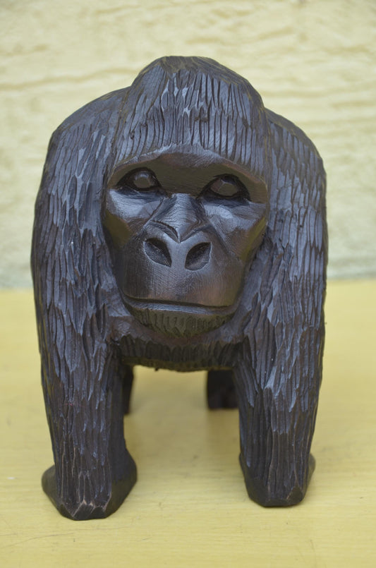Hand Carved Wooden Mountain Gorilla Sculpture | Wildlife Art