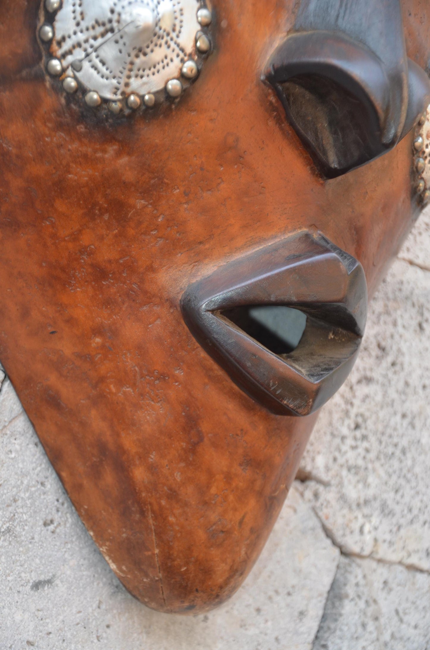 Marka African Mask – 35" Large Hand-Carved Wood & Brass Mask – Mali Wall Art.