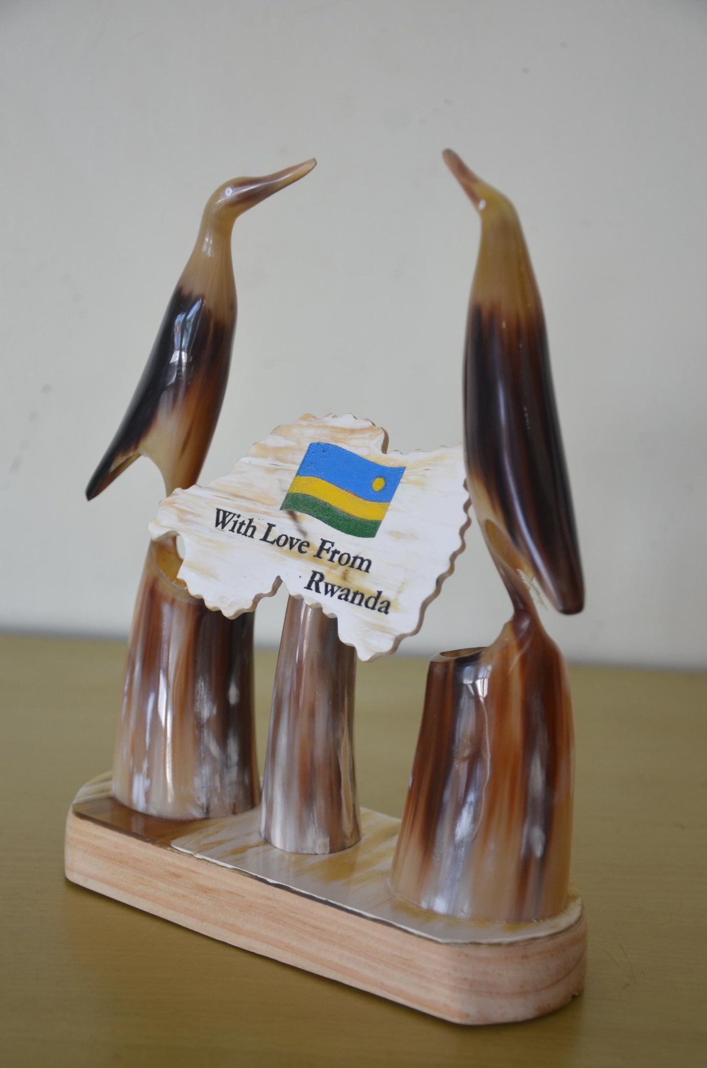 Handcrafted African Ankole Cow Horn Desk Organizer | Polished Bull Horn Bird Sculpture