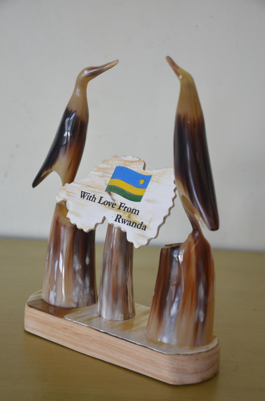 Handcrafted African Ankole Cow Horn Desk Organizer | Polished Bull Horn Bird Sculpture