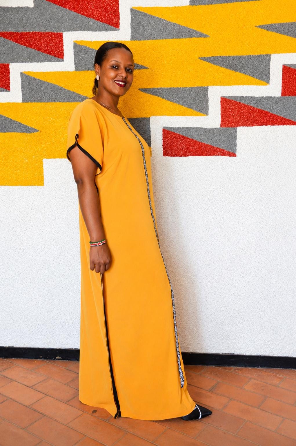 Minimalist Mustard Yellow Boubou Gown | Plain Kaftan with Patterned Placket, Solid Maxi