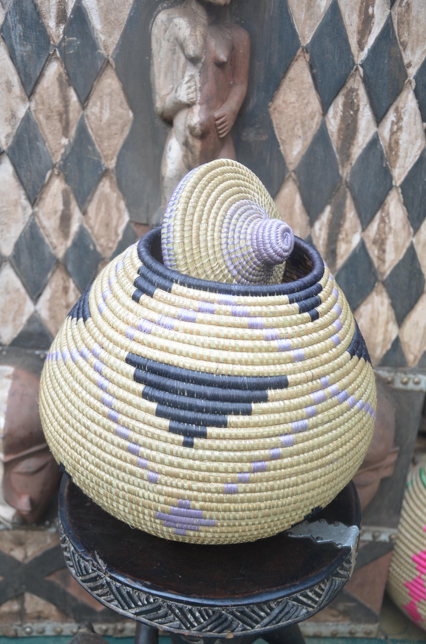 Rwandan Lidded Basket | Charcoal & Lavender Woven Storage | Artisan Home Decor