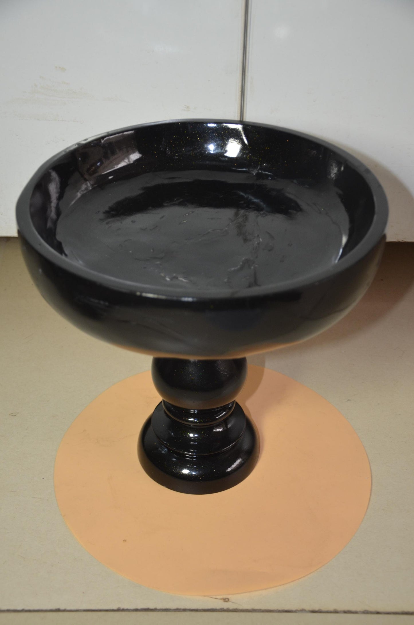 Pedestal Black Wooden Fruit Bowl | Glossy Black & Gold Footed Serving Dish