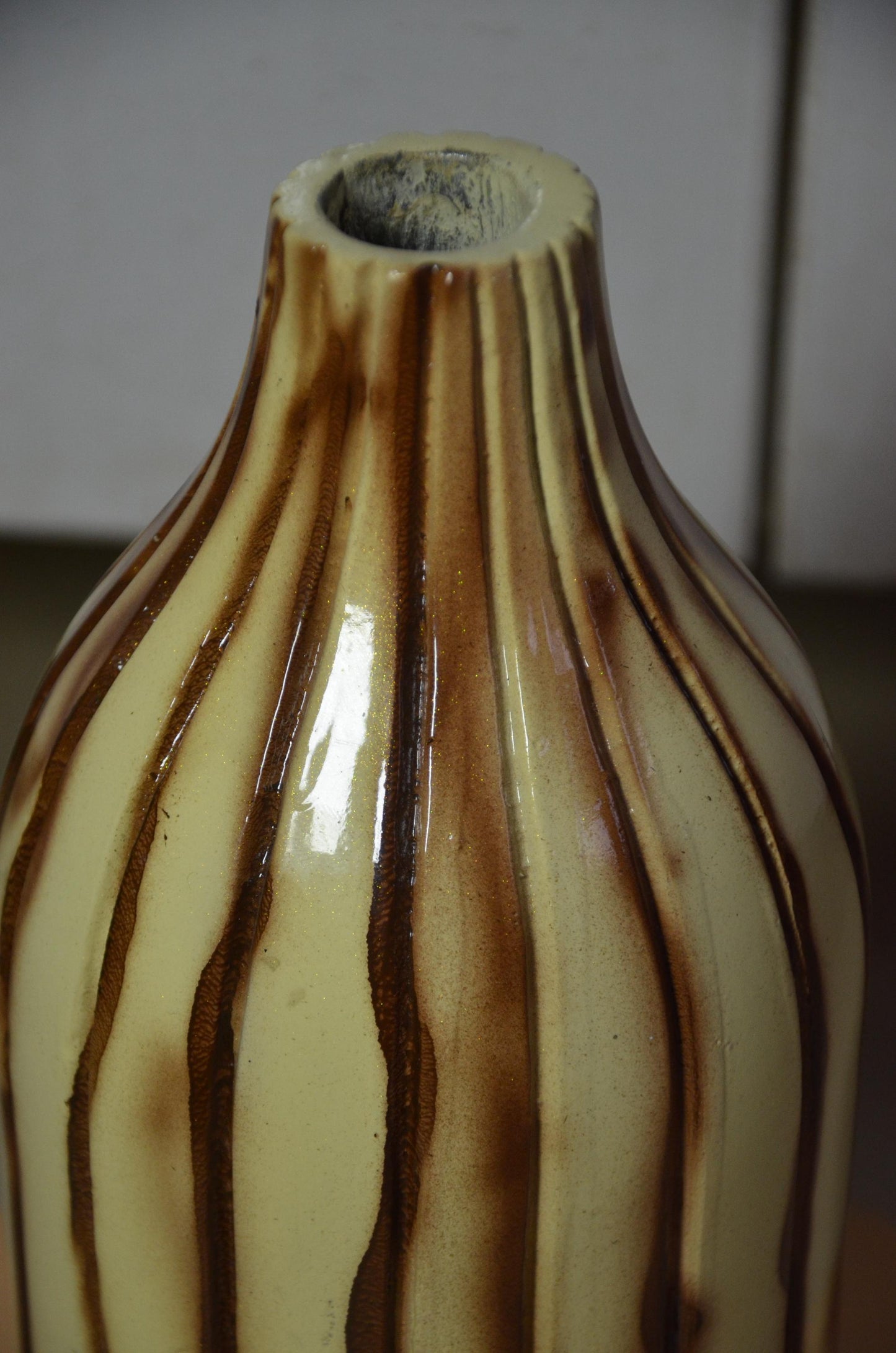 Fluted Wooden Bottle Vase | Cream and Brown Ribbed Vessel
