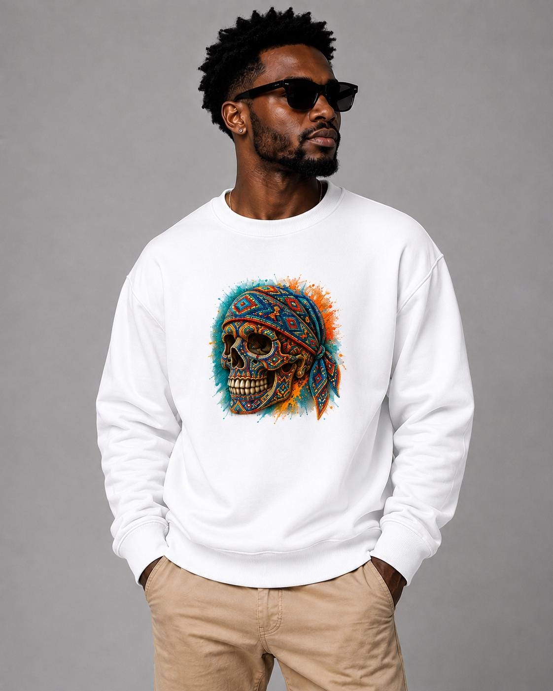 African Inspired Skull Sweatshirt, Colorful Geometric Skull Crewneck, Halloween Streetwear