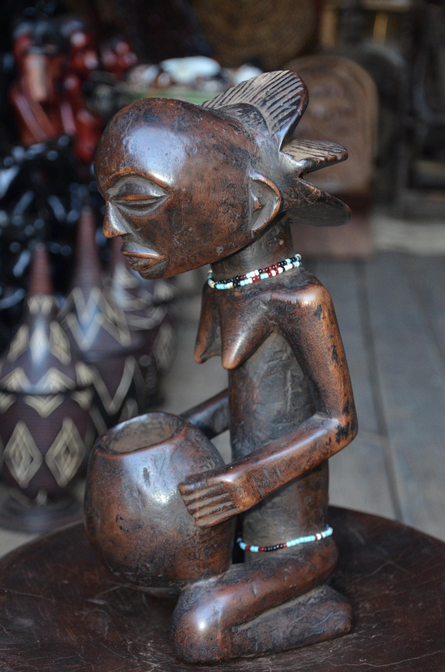 Authentic Luba Bowl-Bearer Statue - 14" Hand-Carved Wood Mboko Female Ancestor Sculpture, Devotional Figure with Bead Accent.