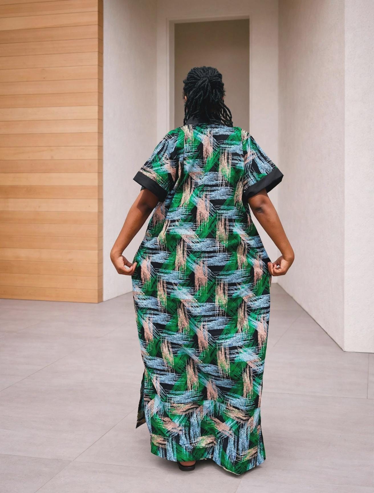 Color-Blocked Kampala Maxi Gown | Paneled Brushstroke Silk Kaftan, Mixed-Media Adire
