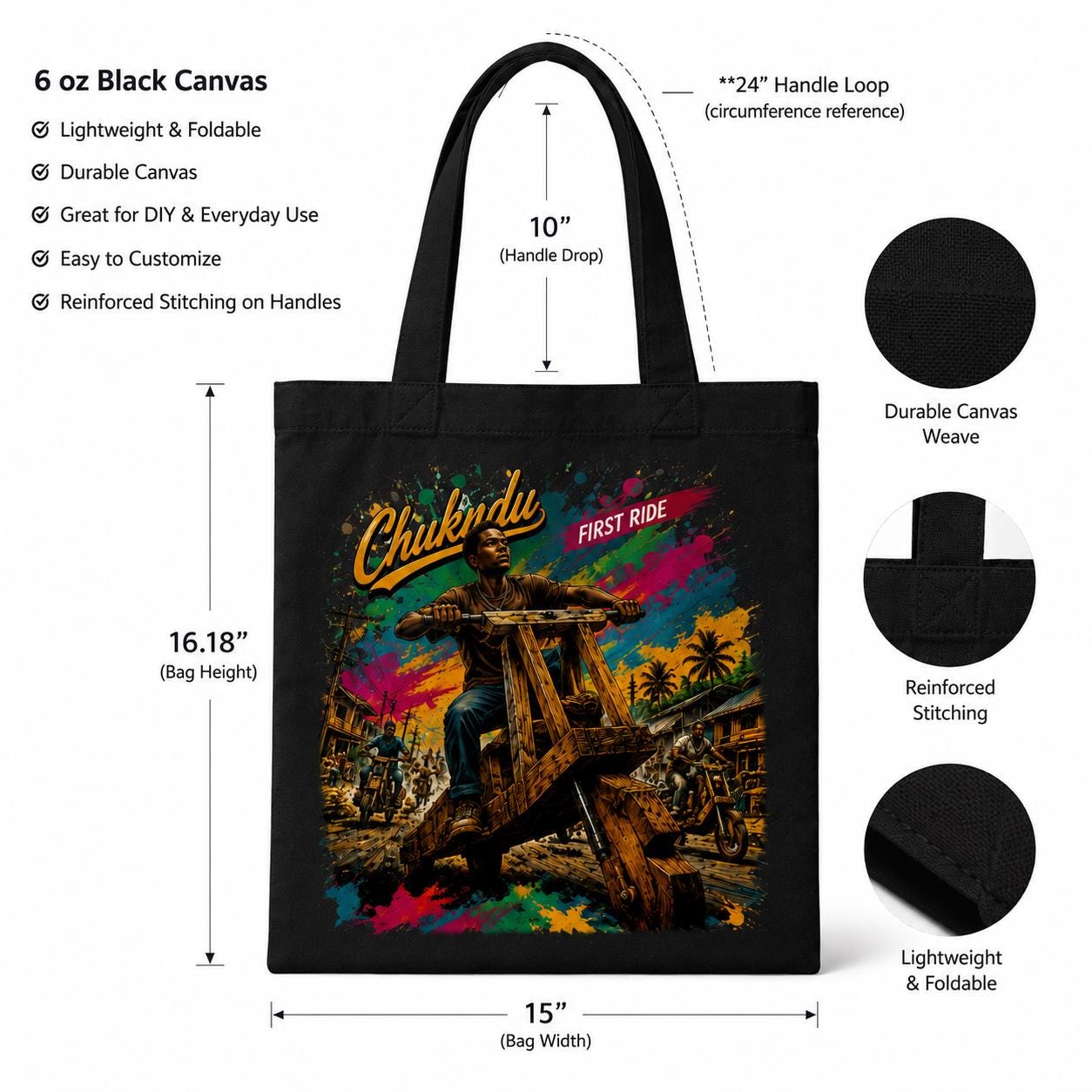 Chukudu First Ride Tote Bag, African Heritage Canvas Bag, Congolese Wooden Scooter Art, Cultural Gift, African Nostalgia Tote