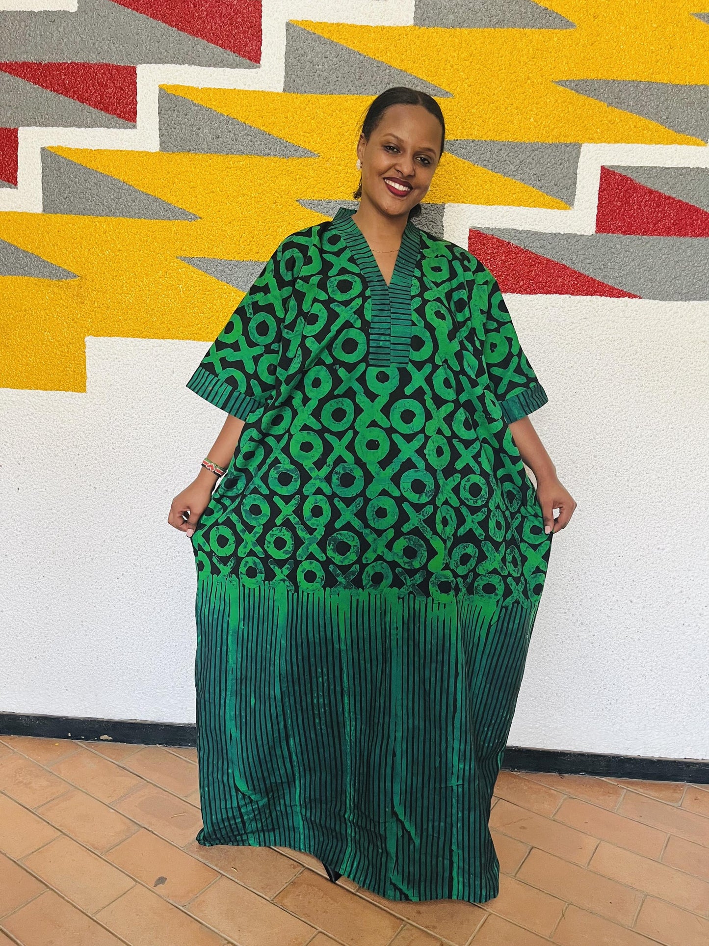 Green & Black Paneled Batik Boubou | Graphic Adire Silk Kaftan, Linear-Hem Maxi