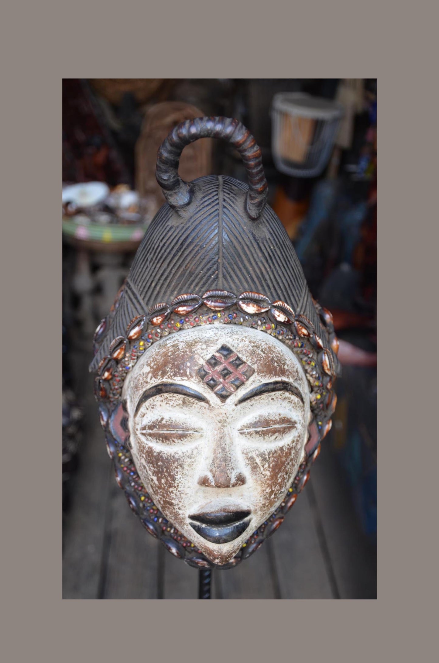 Authentic Punu Okuyi Mask – Hand-Carved Wood Female Ancestor Spirit, Cowrie Shell Trim