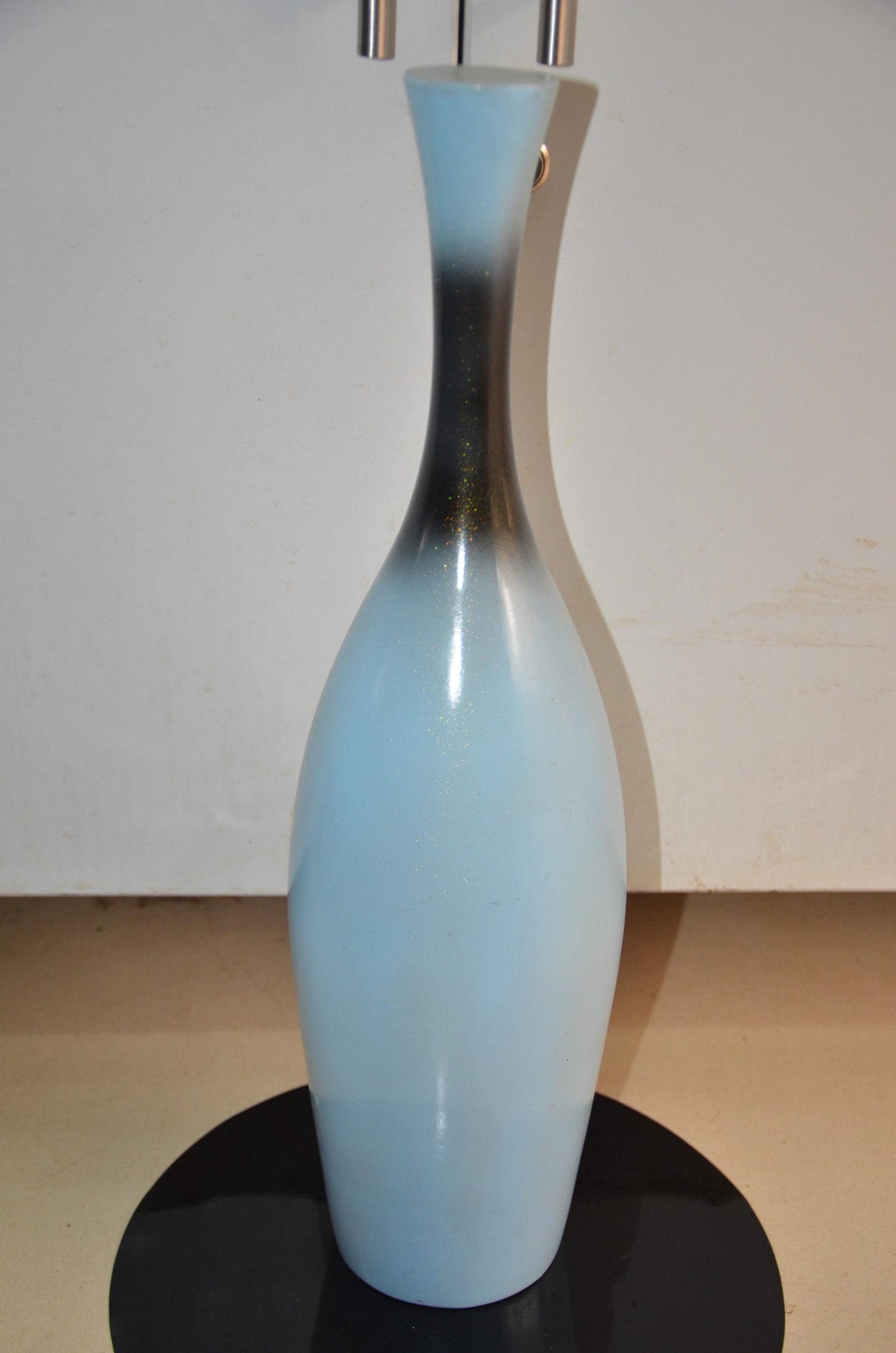 Tall Wooden Floor Vase | Light Blue and Black Long Neck Bottle Vase