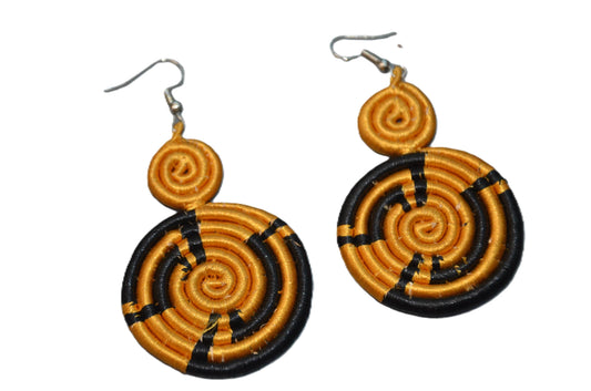 Big Yellow Black Sisal Rwandan Earrings, Handmade Woven African Basketry Jewelry, Boho Fiber Art