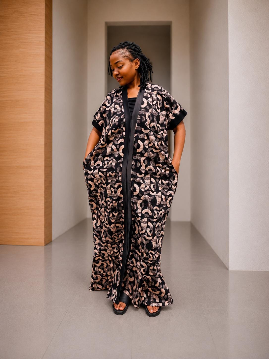Open-Front Ankara Kaftan | Silk-Trimmed Boubou Gown, Monochromatic Bubu