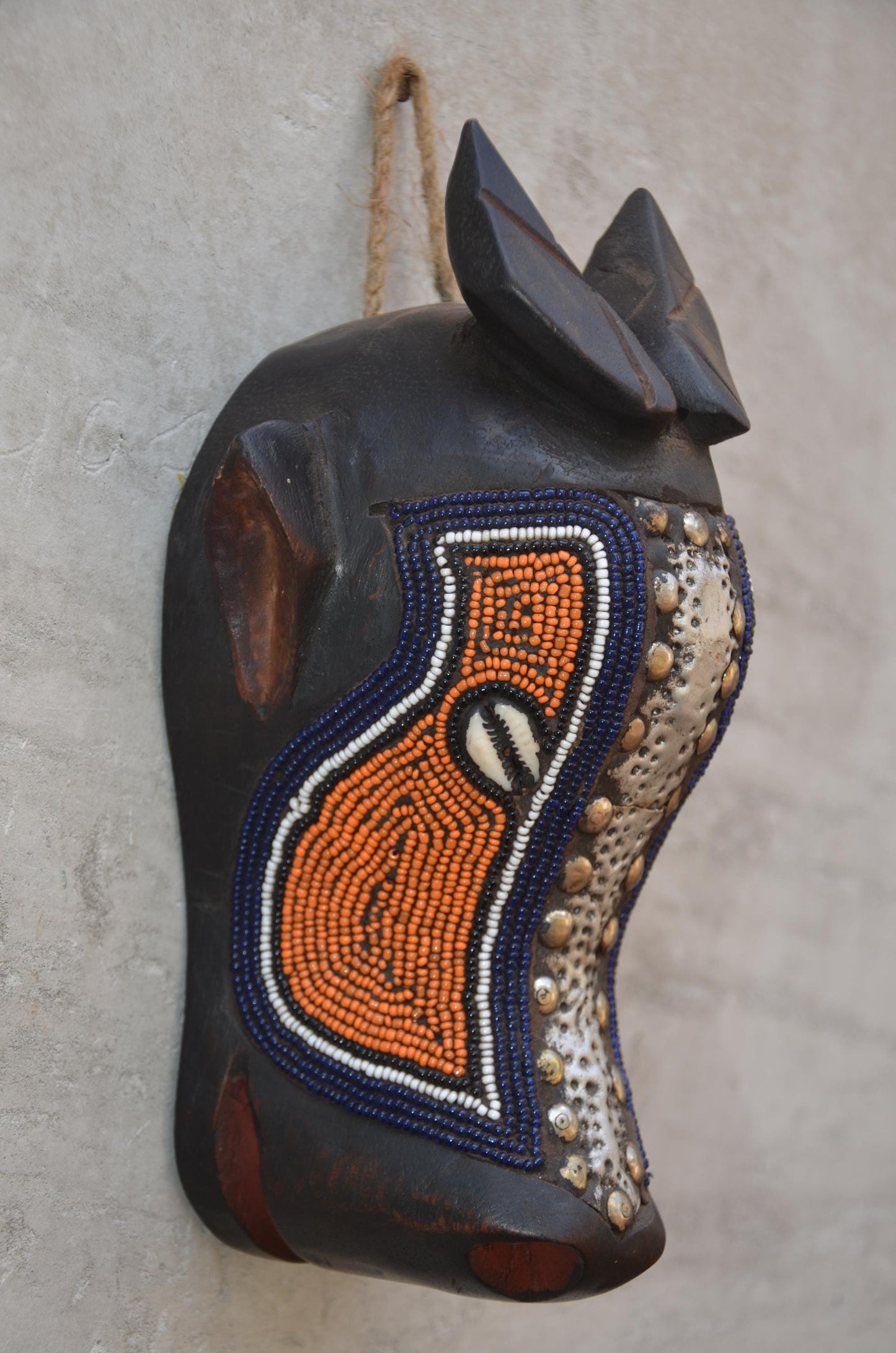 Bamum Beaded Animal Mask – 11" Cameroon Buffalo Wall Art – Tribal Home Decor