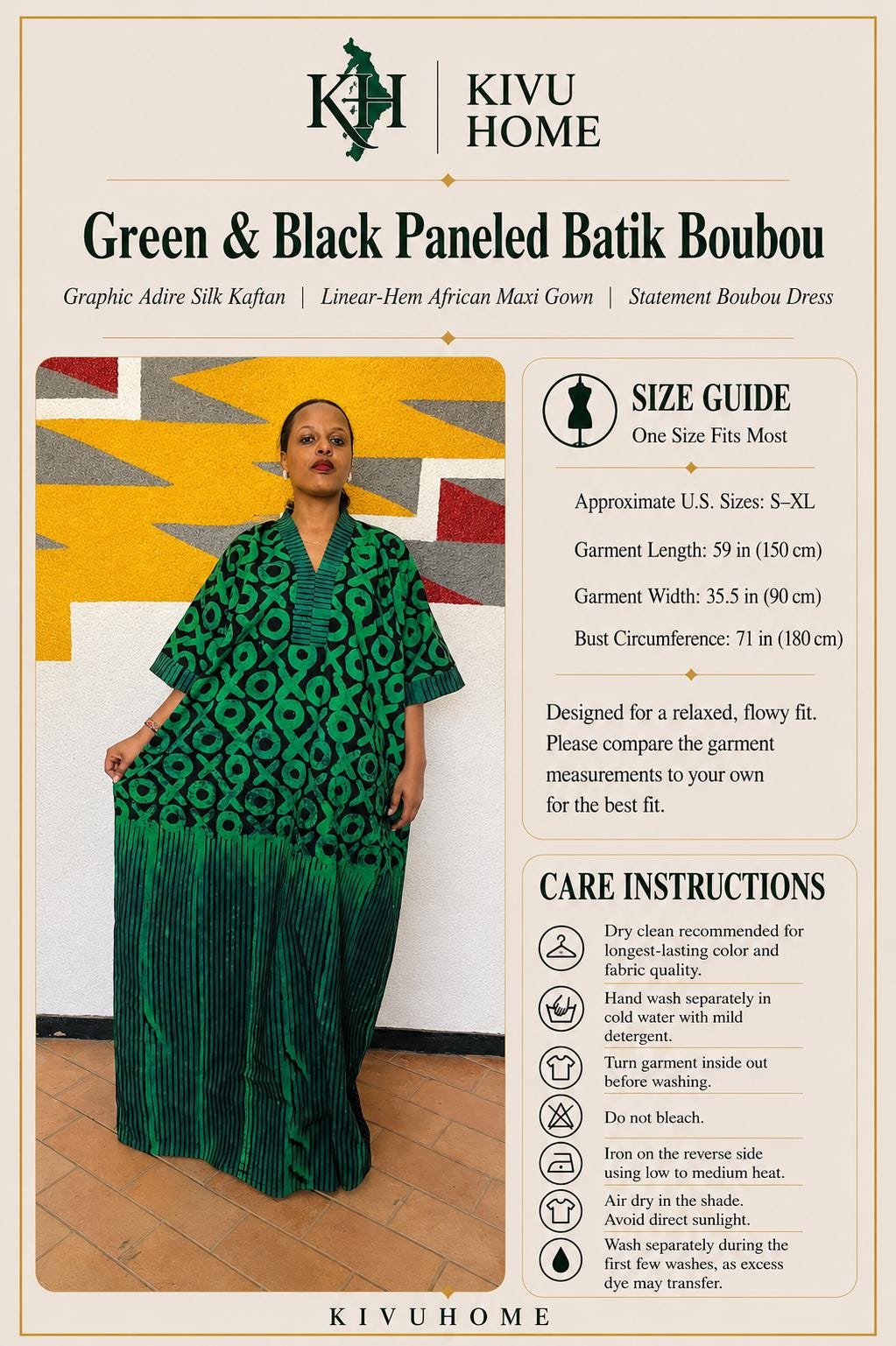 Green & Black Paneled Batik Boubou | Graphic Adire Silk Kaftan, Linear-Hem Maxi