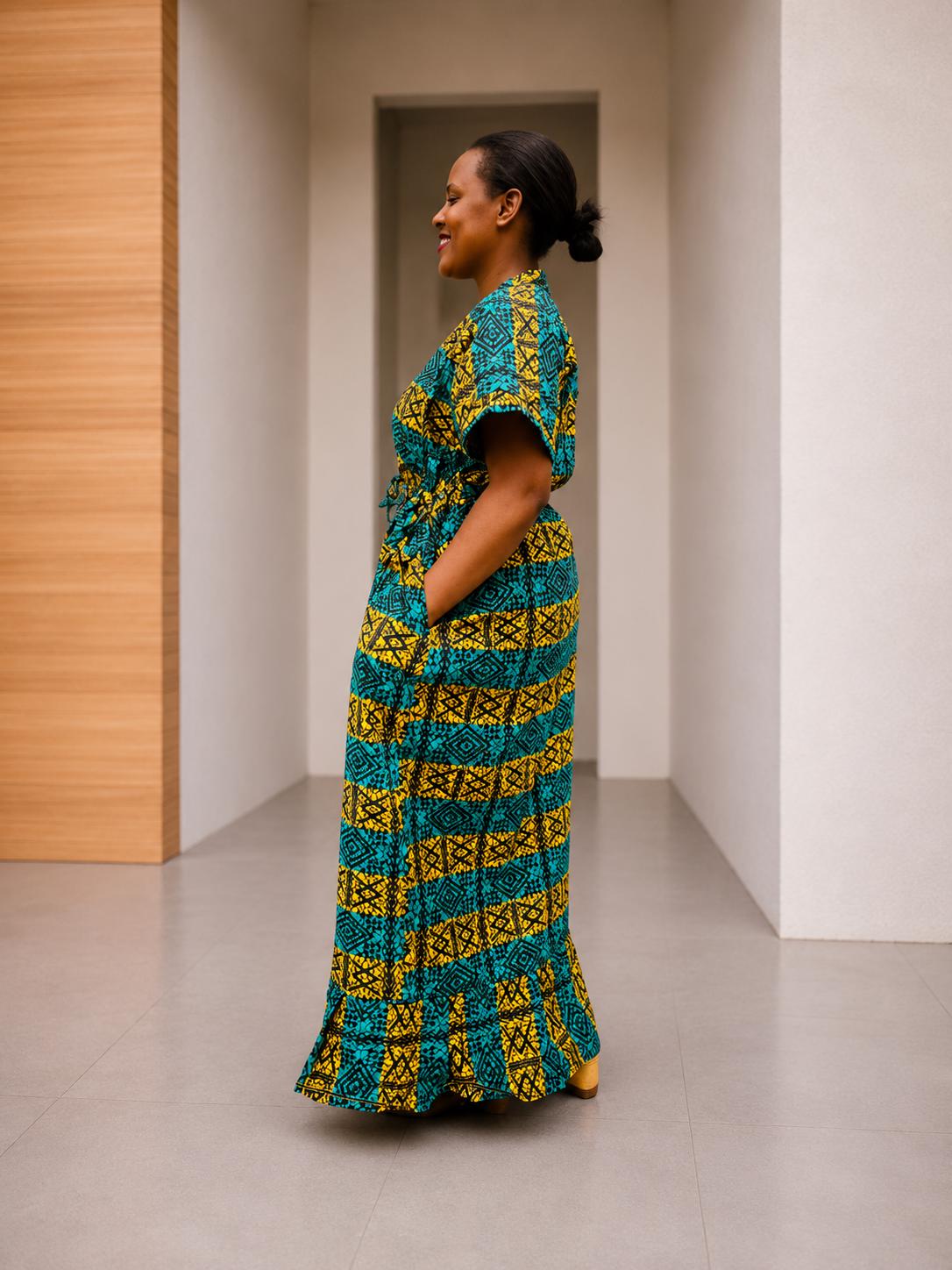 Cinched Ankara Maxi Gown | Elastic Waist Kaftan Dress, Smocked Bubu