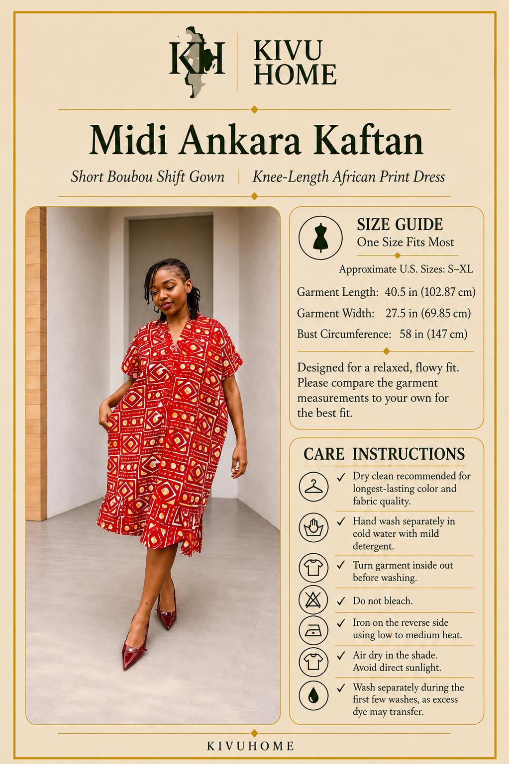 Midi Ankara Kaftan | Short Boubou Shift Gown, Knee-Length Dress