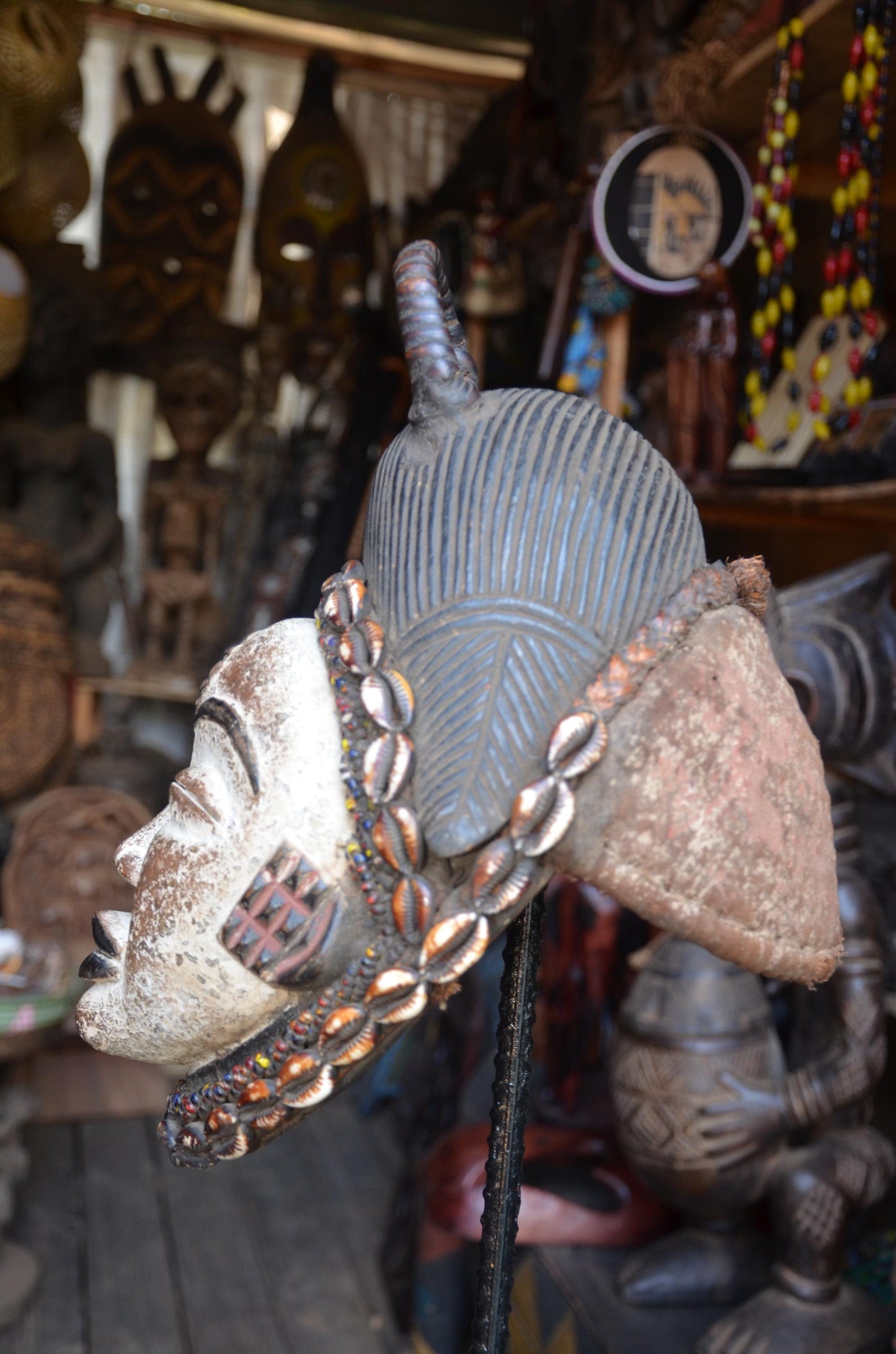 Authentic Punu Okuyi Mask – Hand-Carved Wood Female Ancestor Spirit, Cowrie Shell Trim