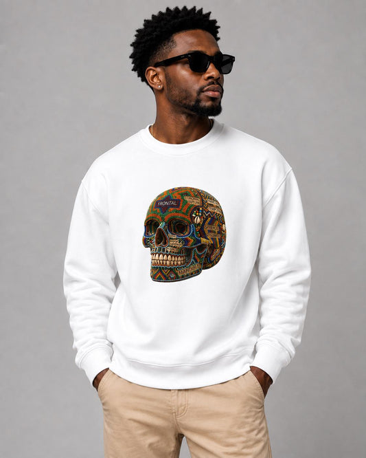 Ornate Skull Sweatshirt, African Inspired Mosaic Skull Crewneck, Halloween Graphic Streetwear