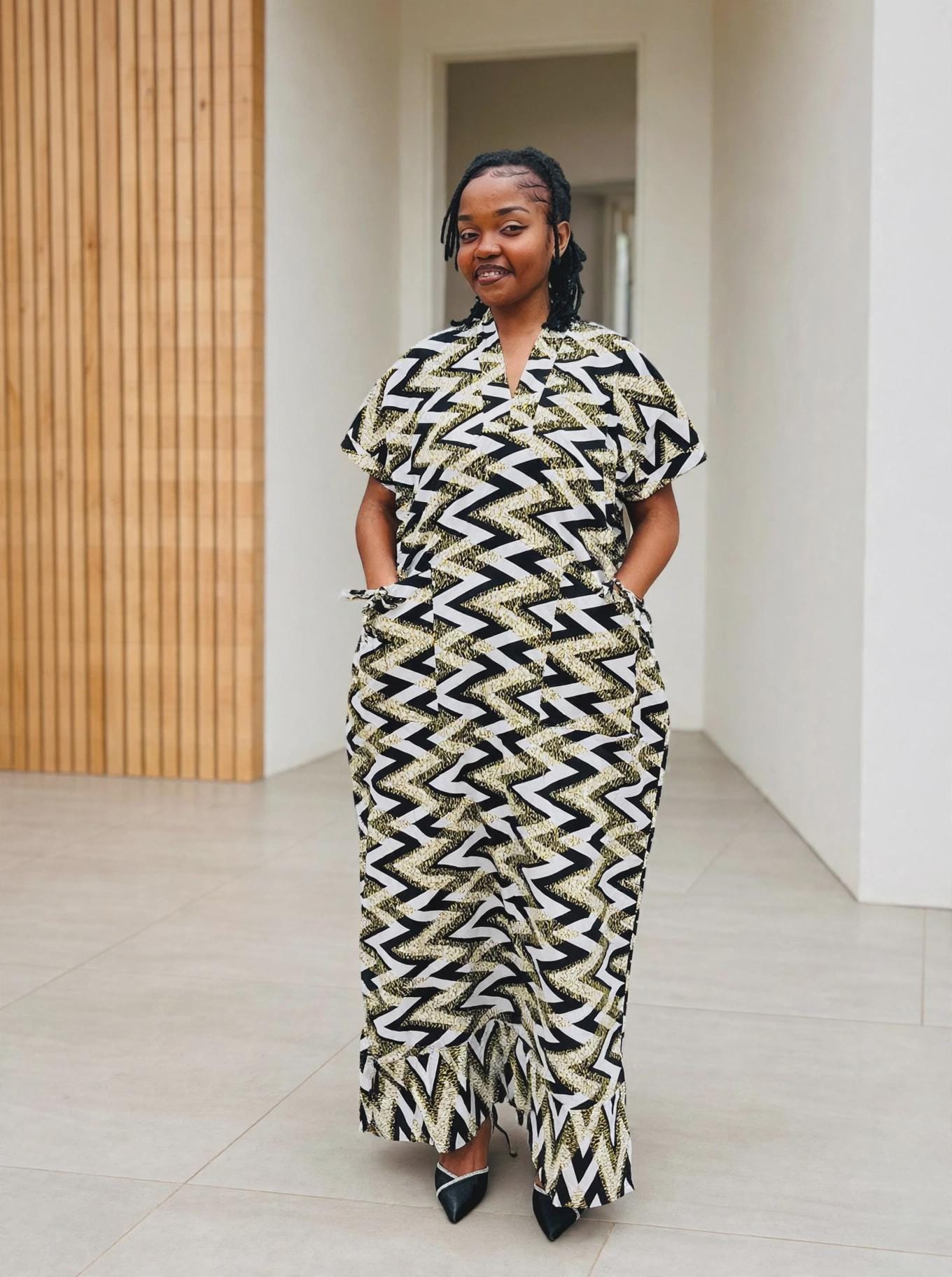 Zigzag Print Boubou Gown | Monochrome Ankara Maxi Dress, One-Size Kaftan