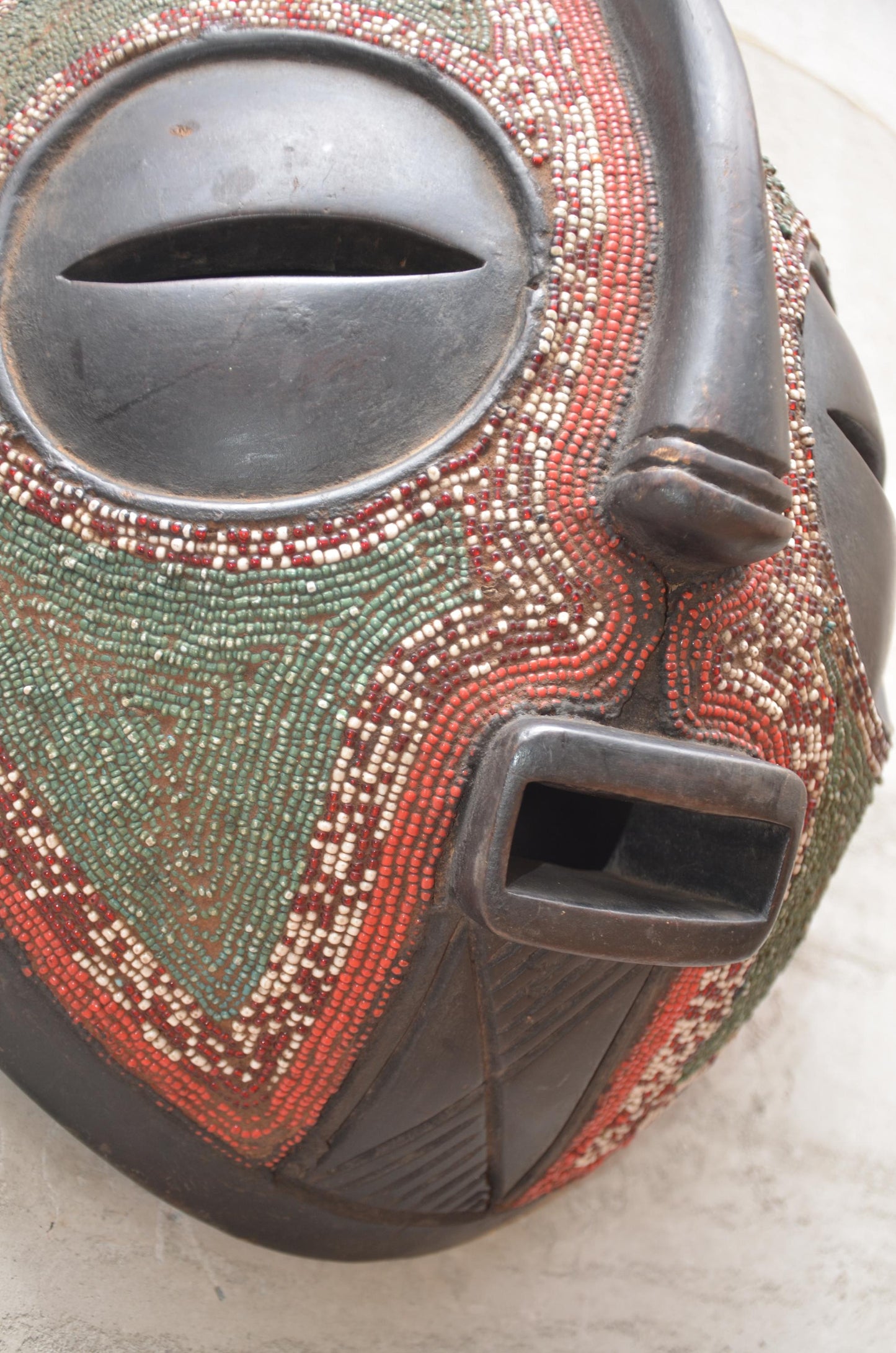 Authentic Beaded Luba Kifwebe Mask - 20" Hand-Carved Wood Striated African Mask, Congo Tribal Art, Glass Bead Accents Luxury Statement Piece