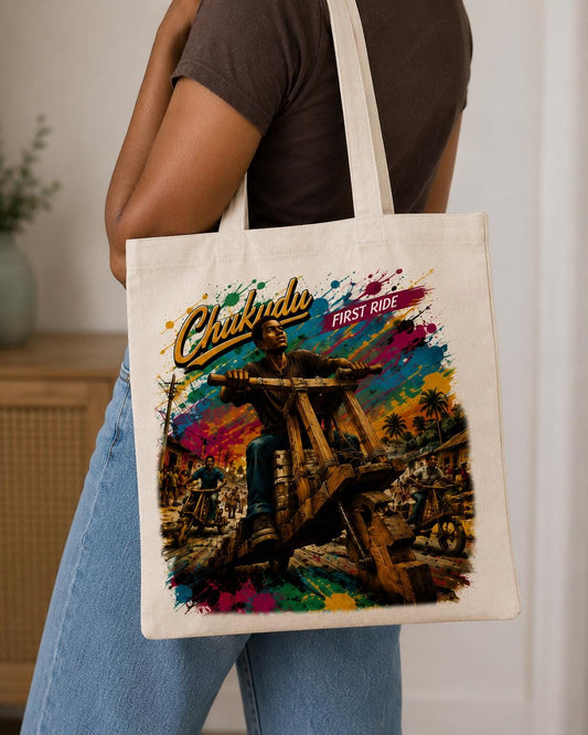 Chukudu First Ride Tote Bag, African Heritage Canvas Bag, Congolese Wooden Scooter Art, Cultural Gift, African Nostalgia Tote