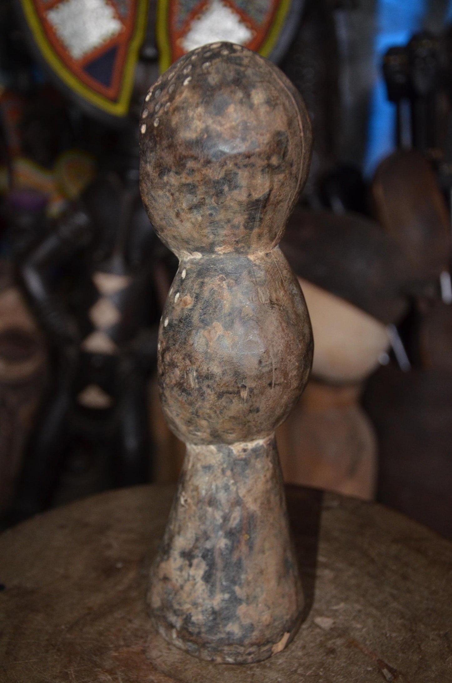 Authentic Lega Multi-Headed Figure - 13" Hand-Carved Wood Sakmatwematwe Sculpture, Traditional Kaolin Clay Patina.