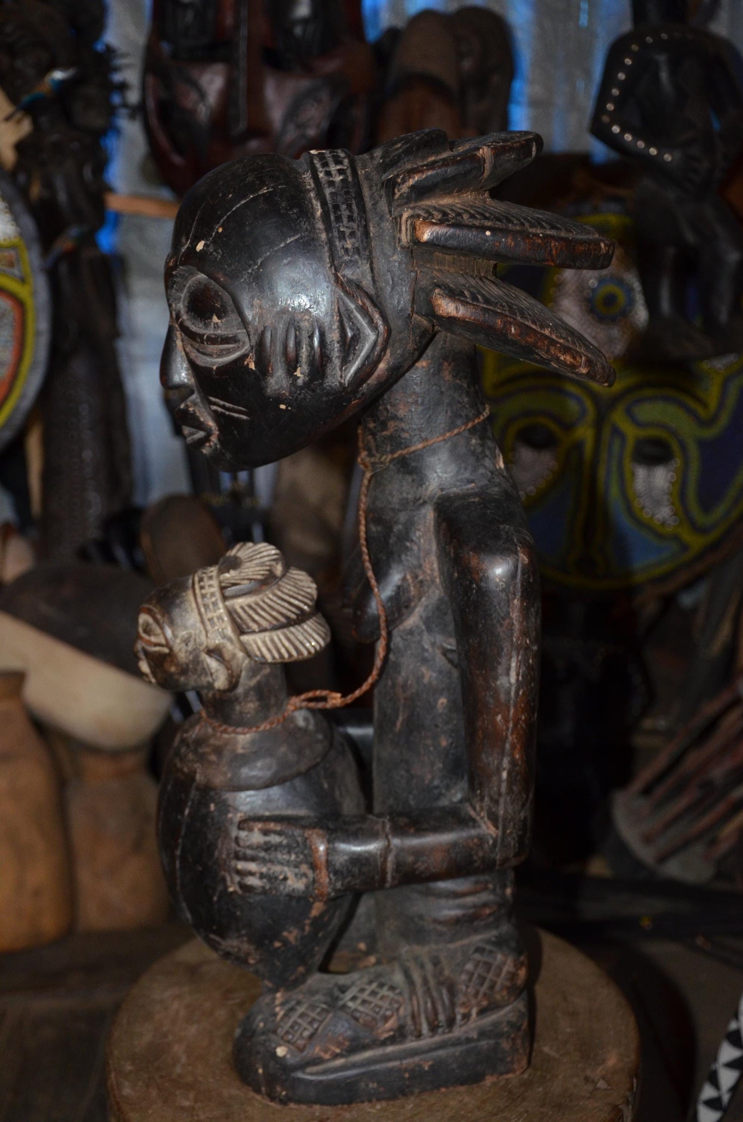 Luba Female Bowl Bearer | Mboko Wood Sculpture | Authentic Congolese Tribal Art