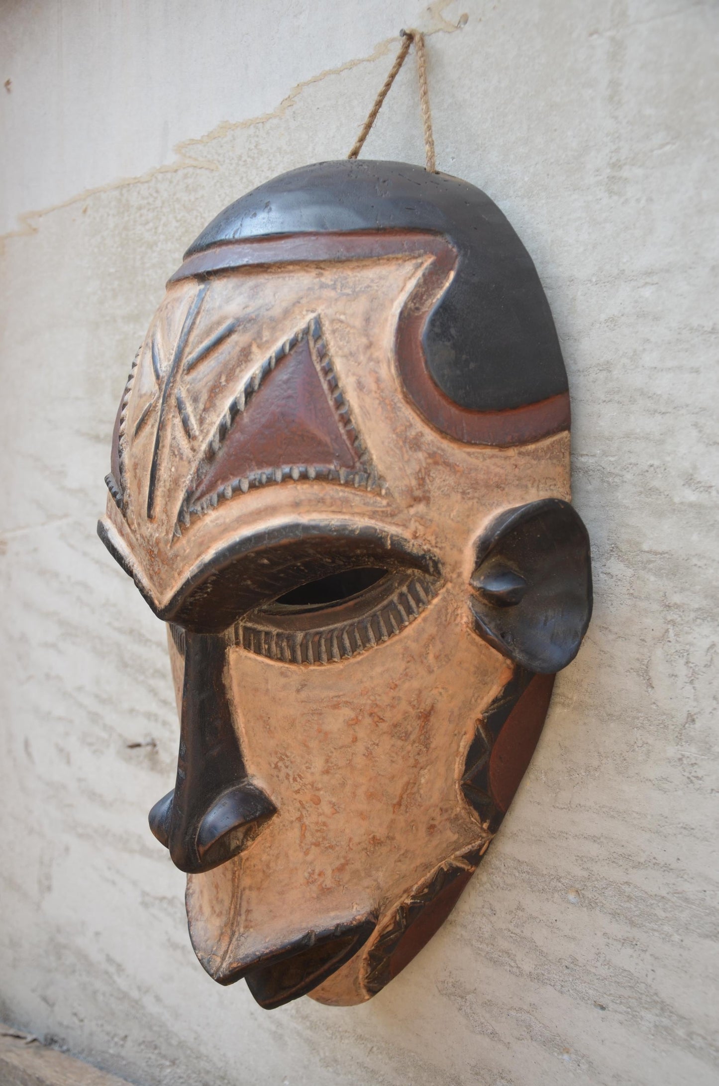 Yaka Mask with Chokwe Influence - 12" Authentic Congo Wood Carving, Polychrome Geometric Face Mask, High-End African Tribal Wall Sculpture.