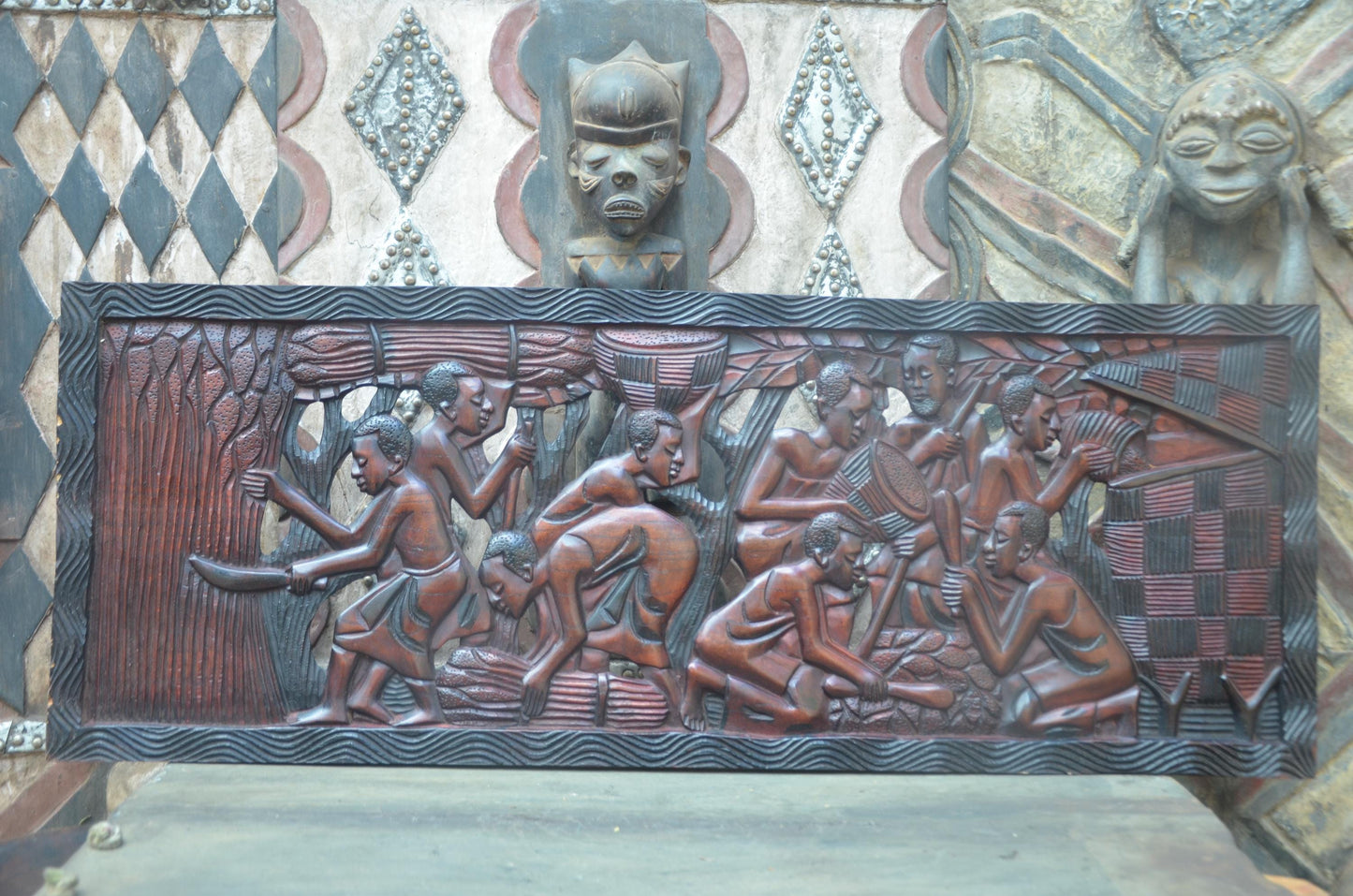 African Community Celebration Wall Plaque | Large Hand-Carved Wooden Relief Art | Village Gathering Wall Decor | Ethnic Sculptural Panel