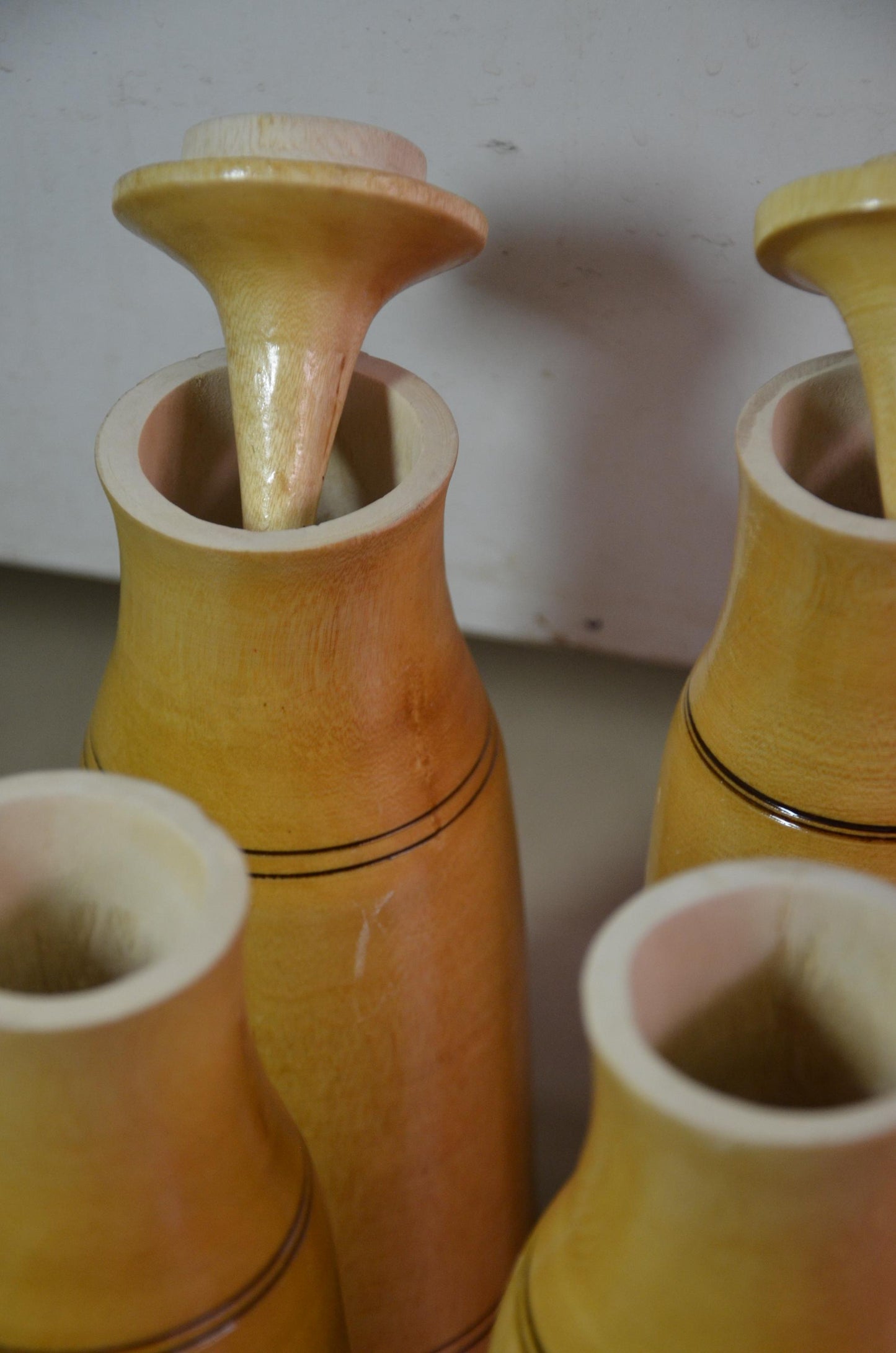 Blonde Wood Finial Bottles Set | Pointed Lid Canister Collection