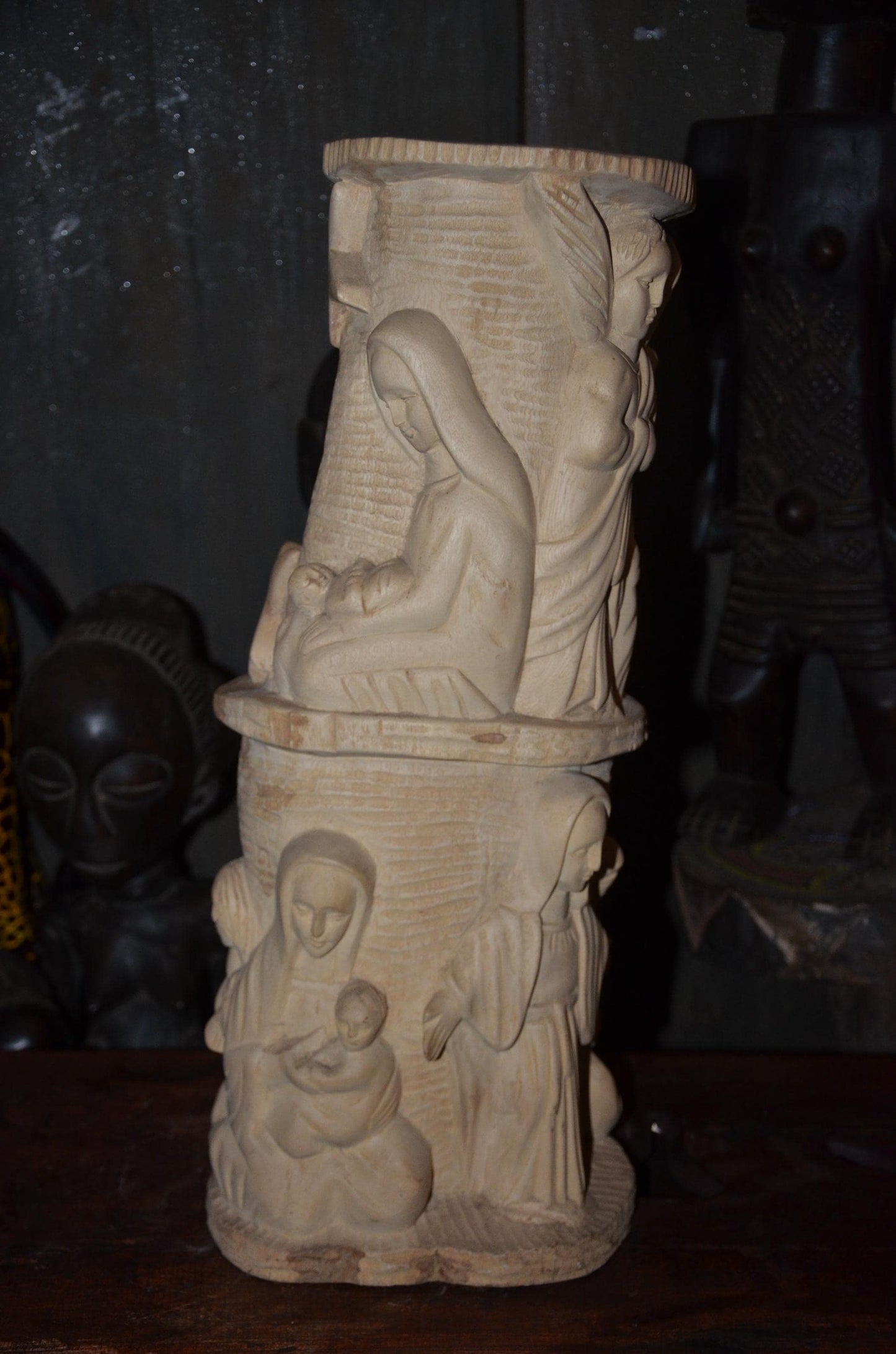 African Carved Wood Stool | Relief Side Table | Handmade Tribal Furniture