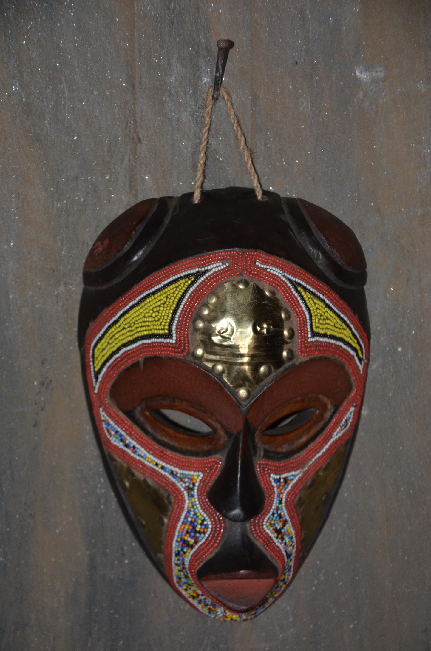 Marka Beaded Mask – 13" Hand-Carved Wood & Brass Mask – Mali Tribal Decor.