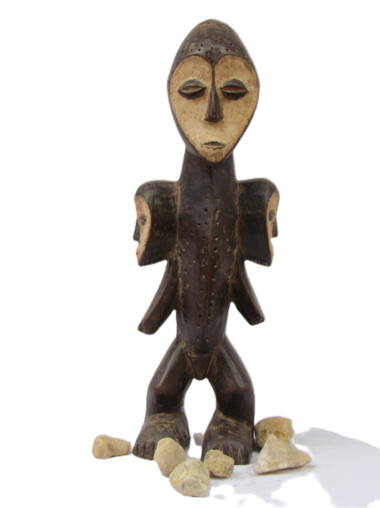 Sculpture tribale Lega – Figurine en bois à plusieurs têtes du Congo | Art rituel africain | Décor sculpté à la main