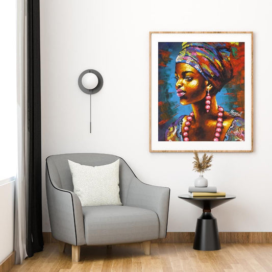 Impression sur toile représentant une femme africaine – Portrait traditionnel avec collier, œuvre d'art murale moderne à l'huile, prête à accrocher, décoration afrocentrique pour chambre à coucher