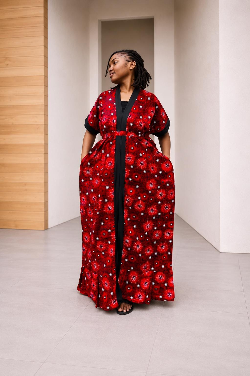 Tie-Front Ankara Kimono Maxi | Cuffed Satin-Trim Boubou, Red Gown