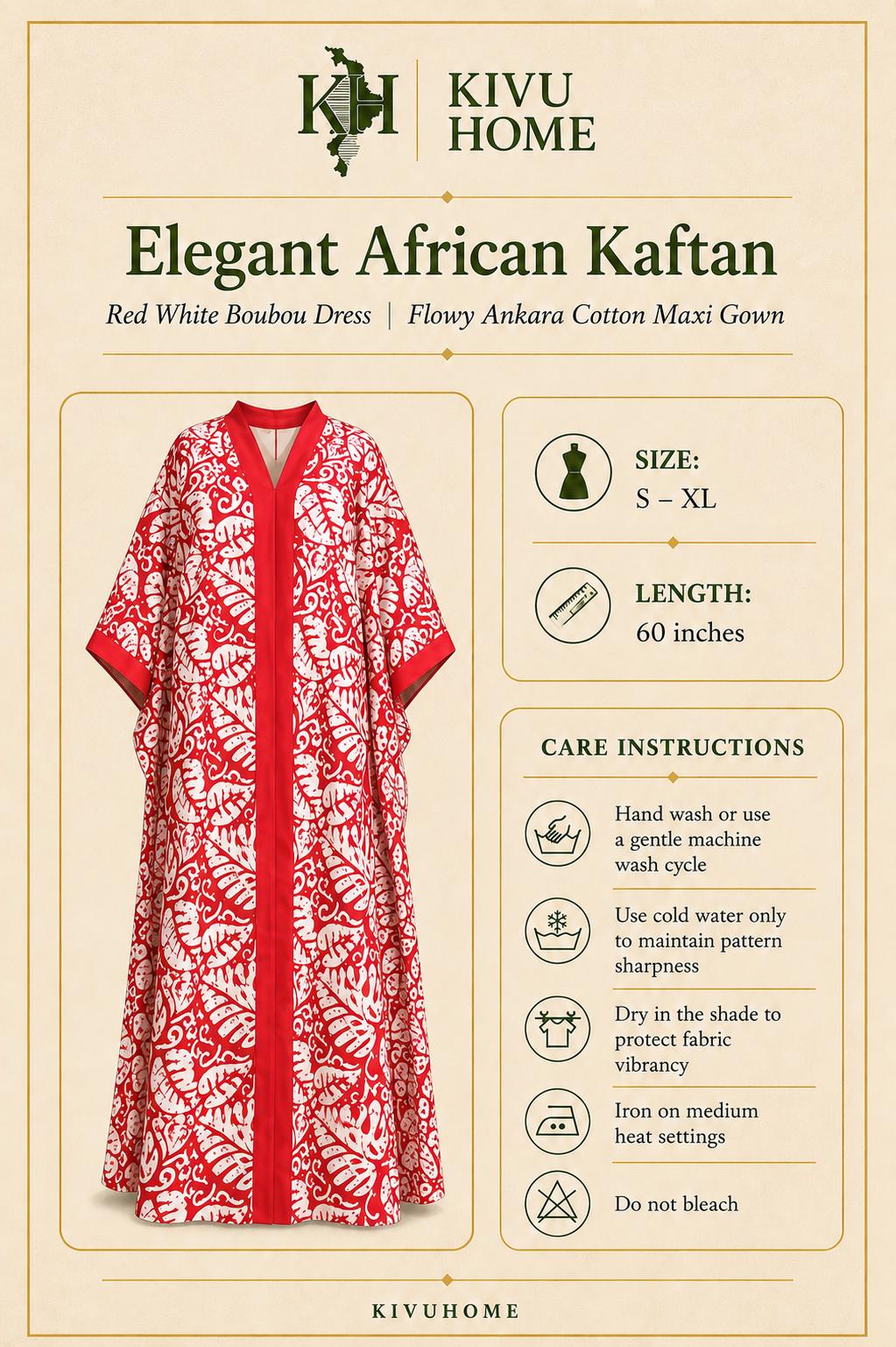 Elegant African Kaftan | Red White Boubou Dress | Flowy Ankara Cotton Maxi Gown