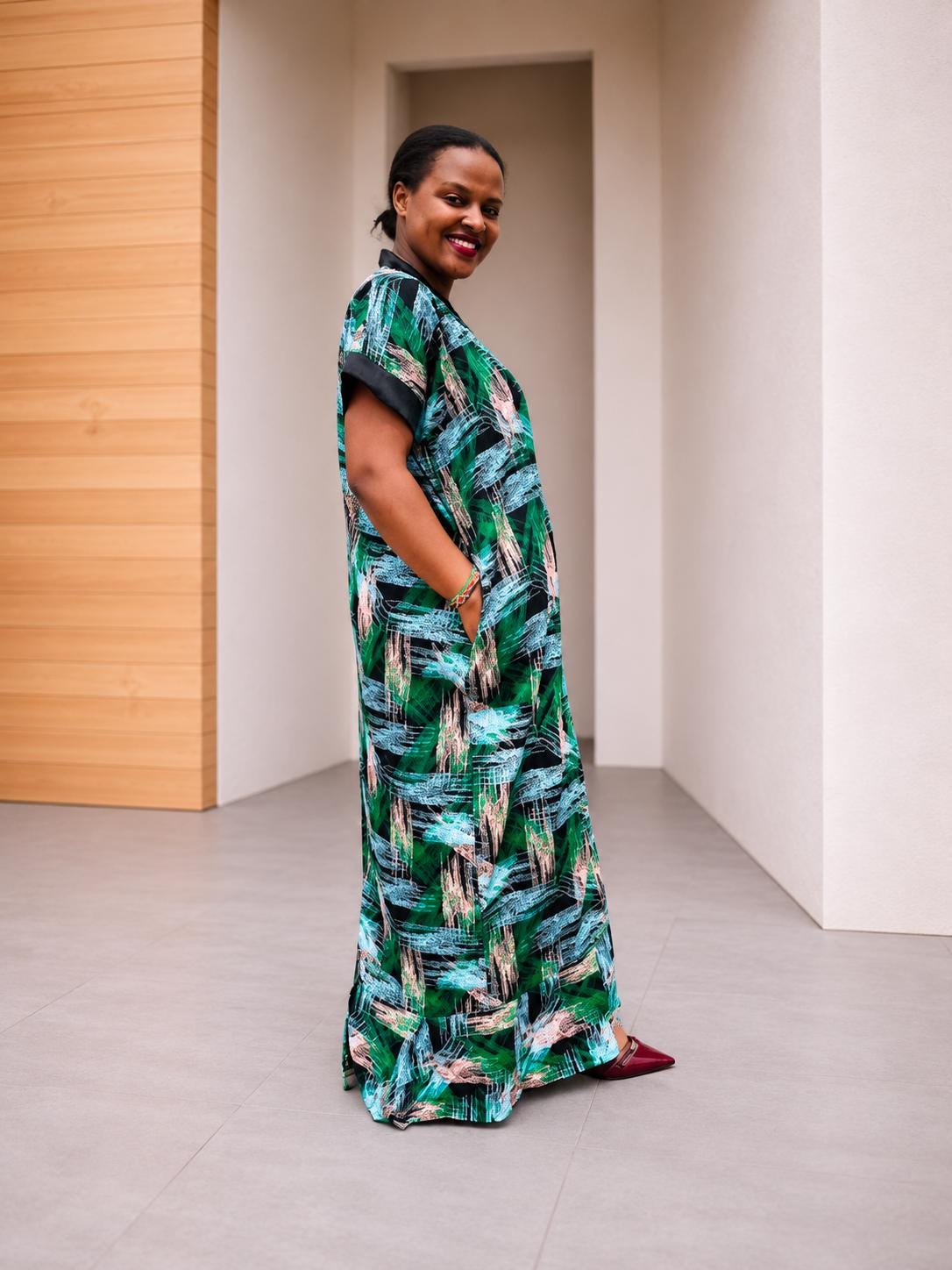 Open-Front Kampala Maxi Gown | Brushstroke Silk Kaftan, Satin-Placket Adire