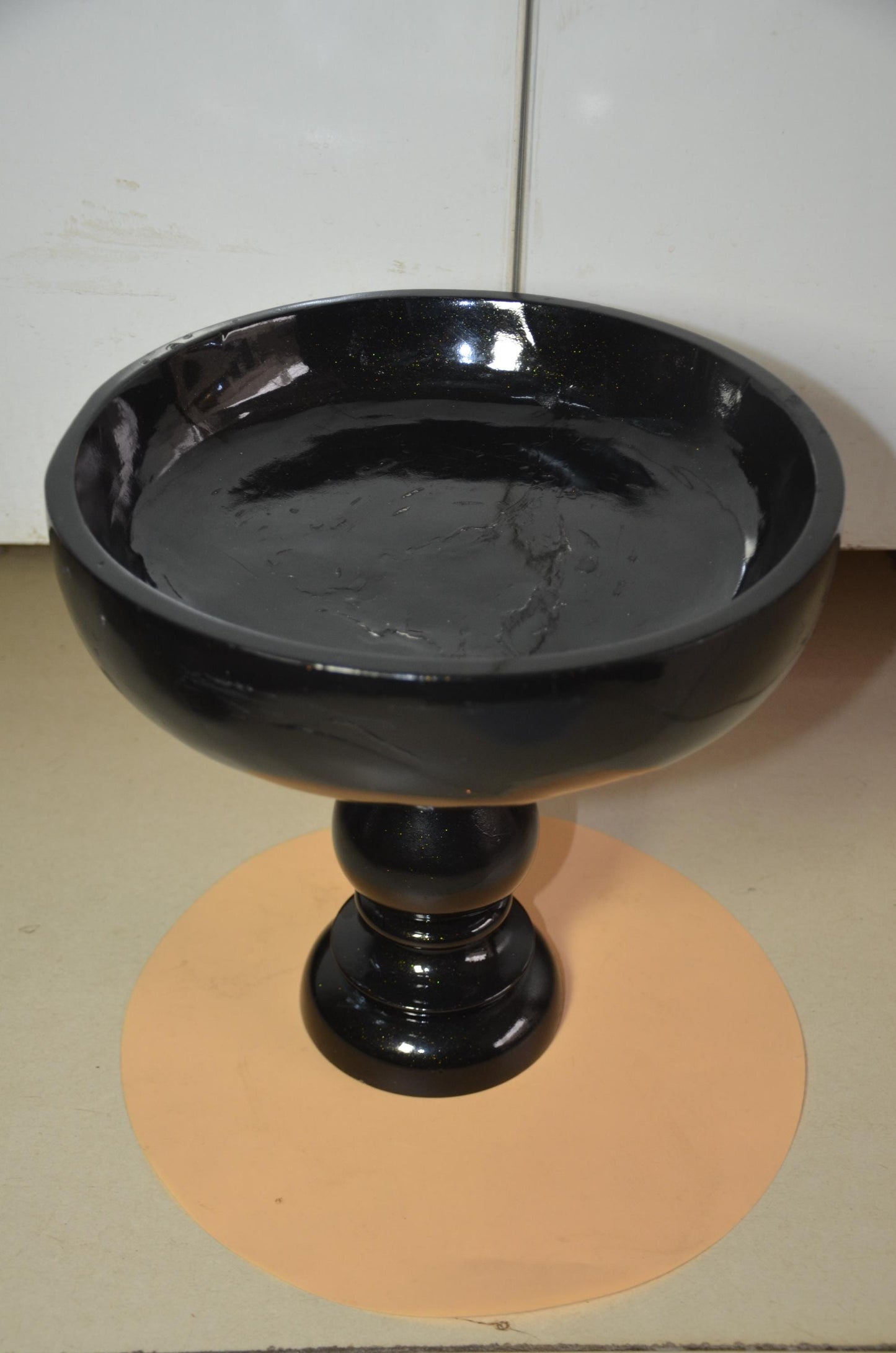 Pedestal Black Wooden Fruit Bowl | Glossy Black & Gold Footed Serving Dish