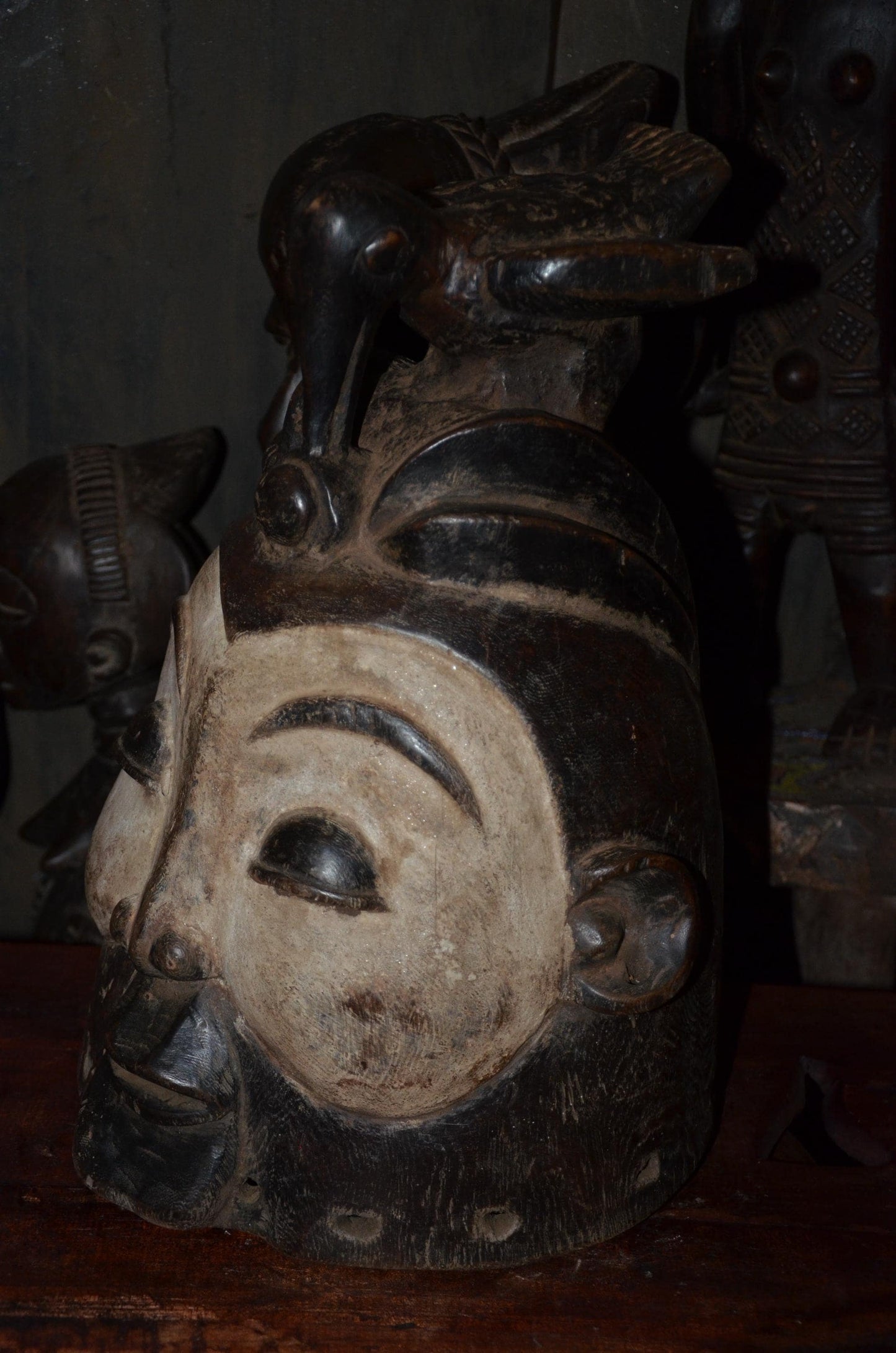 Lega Ceremonial Prestige Hat - 19" Authentic Congo Helmet Mask, Striking Kaolin Face, African Initiation Art.